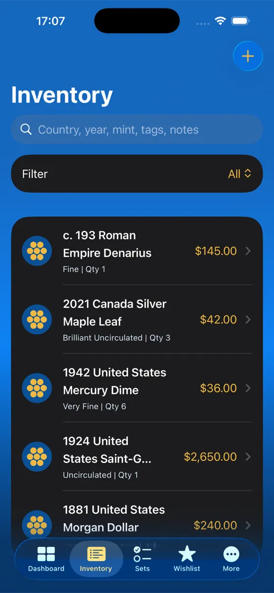 Inventory list with search field, filter and coin rows showing grade, quantity and value