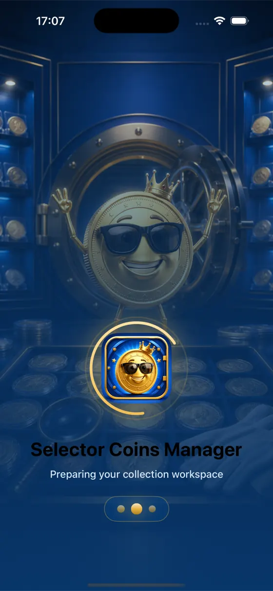 Launch screen with the Selector Coins Manager vault artwork